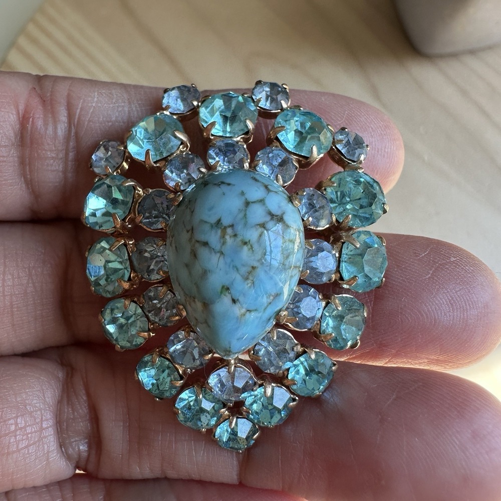VTG 1950s Pin Brooch 1.5 Inch MCM Turquoise Marble Glass‎ Blue Rhinestone Gold